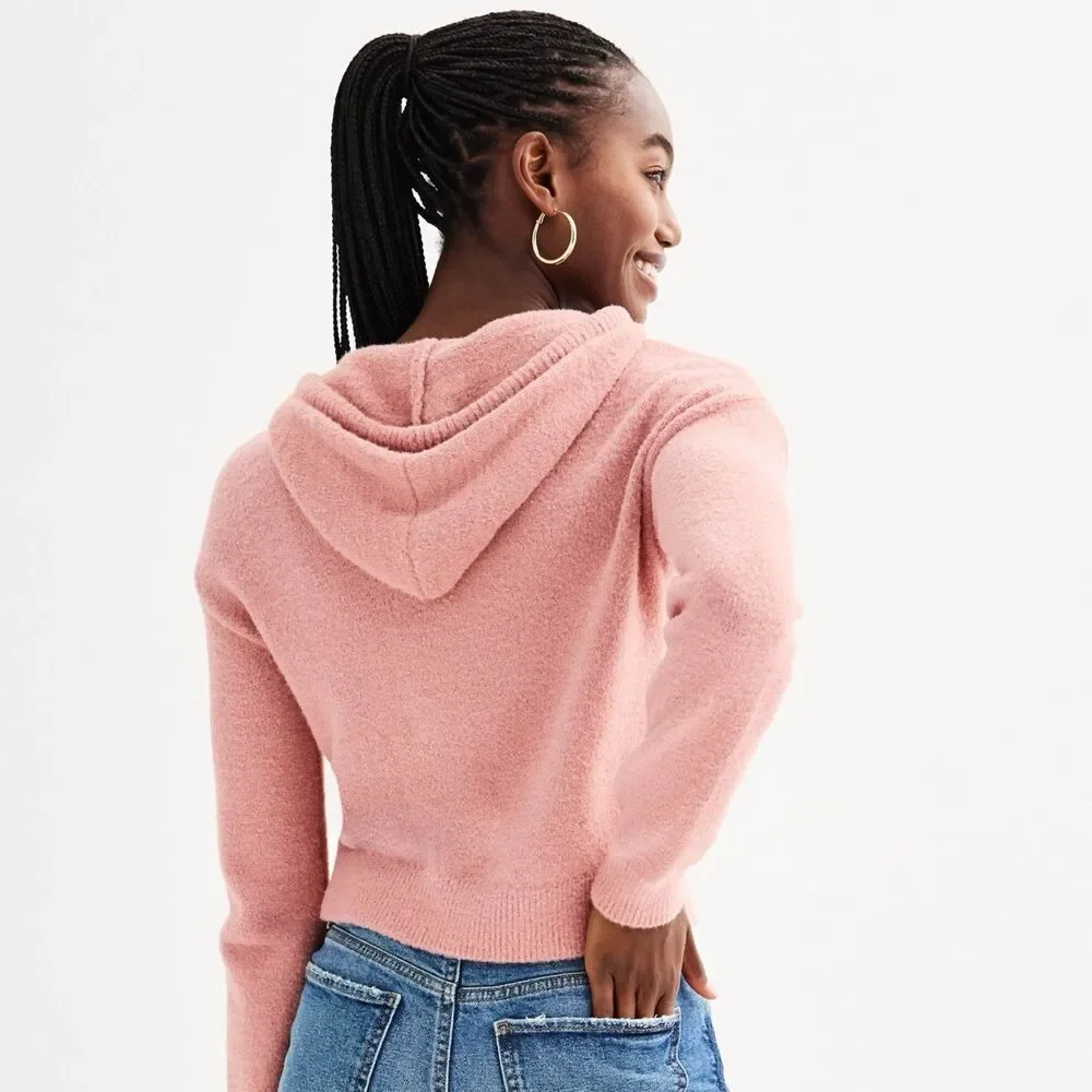 SO Juniors Hoodie XL Pink Eyelash Plush Yard Blush Crop Loungewear Womens NWT